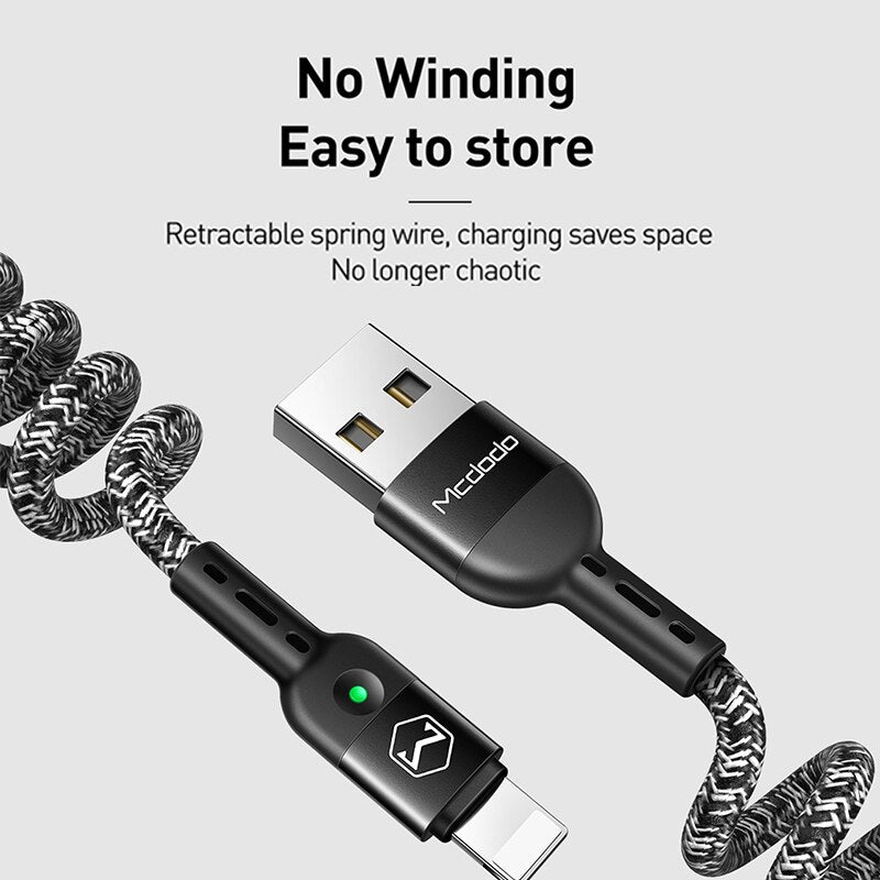 Mcdodo USB Cable Spring Extension Landline Charger Cord For iPhone 11 Pro XS MAX XR X 8 7 6 USB Data Fast Charge Phone LED Cable