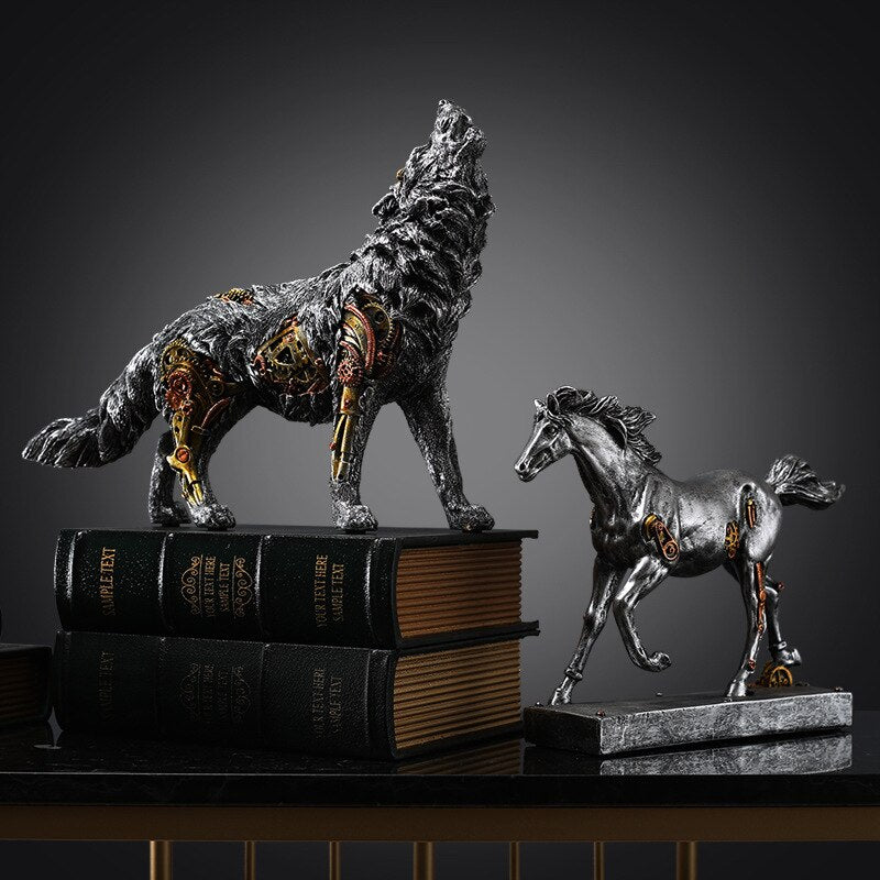 Mechanical Wolf Statue Decor Crafted Animal Figurine home décor Sculpture decoration Gifts Office Table Decoration Home garden