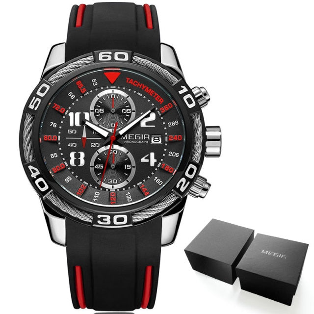 Megir Analogue Chronograph Battery Quartz Watch for Man Men's Black Silicone Bracelete Sport Wristwatch Boy's Stopwatch 2045G