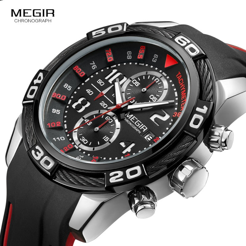 Megir Analogue Chronograph Battery Quartz Watch for Man Men's Black Silicone Bracelete Sport Wristwatch Boy's Stopwatch 2045G