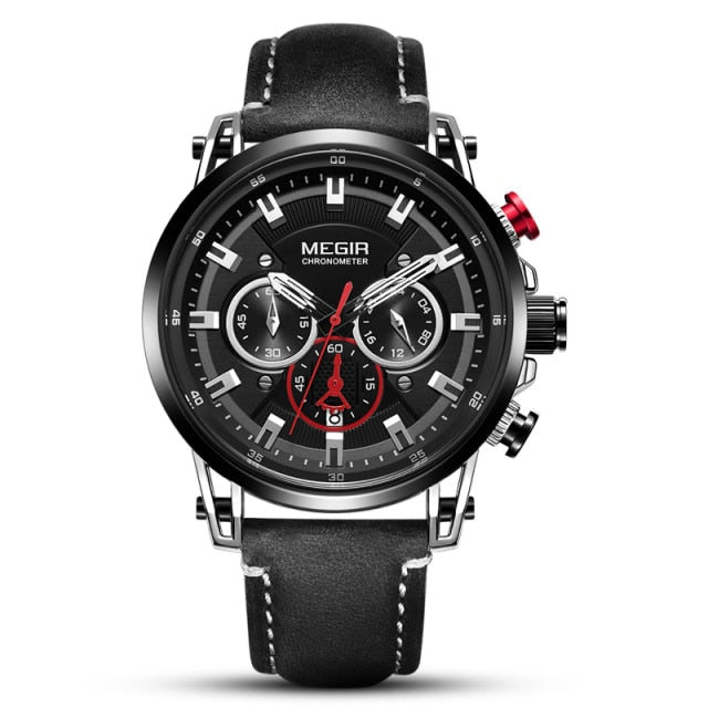 Megir Leather Strap Leisure Quartz Watches for Men 24 Hours Chronograph 3atm Waterproof Army Sports Wristwatch Relogios 2085
