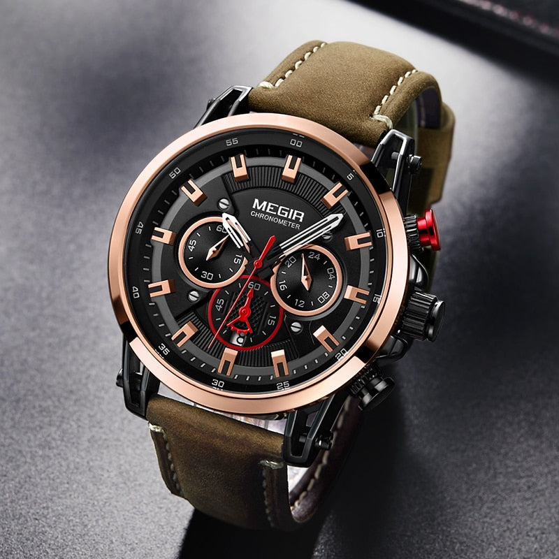 Megir Leather Strap Leisure Quartz Watches for Men 24 Hours Chronograph 3atm Waterproof Army Sports Wristwatch Relogios 2085