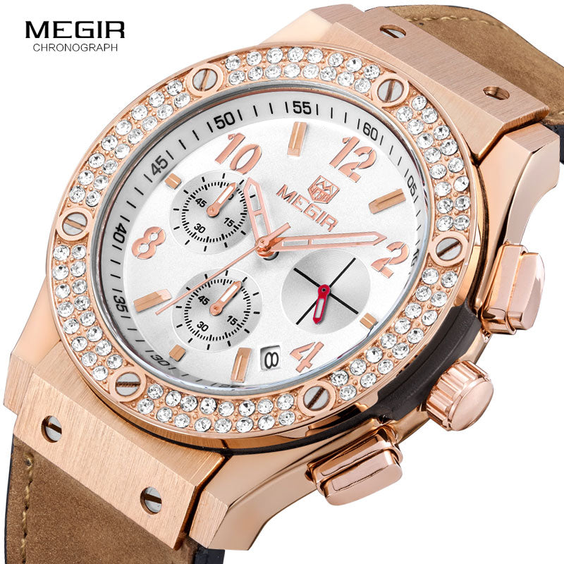 Megir Luxury Brand Design Ladies Watch Women Gold leather silicone Bracelet rhinestone Crystal Diamond Quartz Watch Clock Women