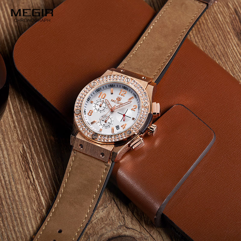 Megir Luxury Brand Design Ladies Watch Women Gold leather silicone Bracelet rhinestone Crystal Diamond Quartz Watch Clock Women