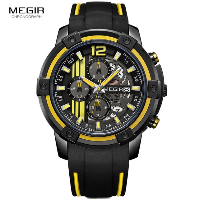 Megir Luxury Quartz Watches Men Silicone Military Sports Chronograph Stopwatch Man Wristwatch Top Brand Relogios 2097 Black Red