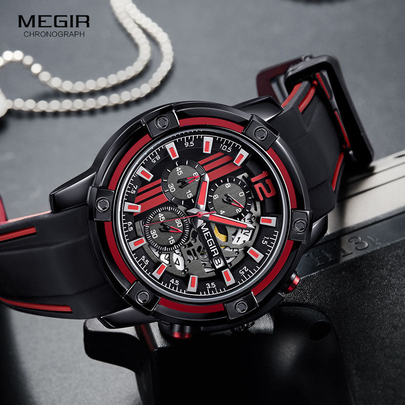 Megir Luxury Quartz Watches Men Silicone Military Sports Chronograph Stopwatch Man Wristwatch Top Brand Relogios 2097 Black Red