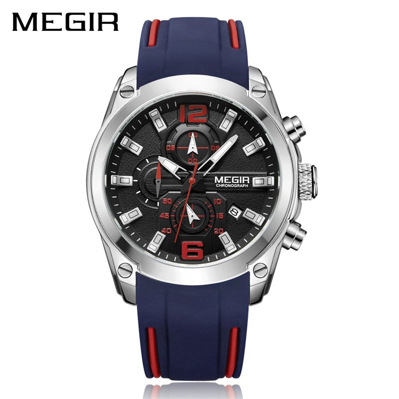 Megir Men's Chronograph Analog Quartz Watch Date Luminous Hands Waterproof Silicone Rubber Strap Wristswatch Relogio Masculino