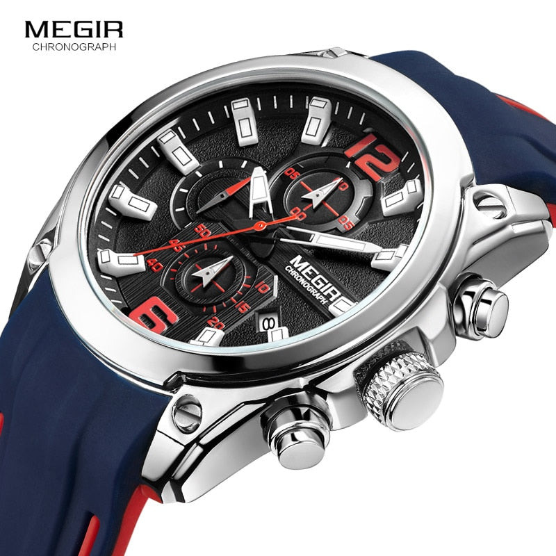 Megir Men's Chronograph Analog Quartz Watch Date Luminous Hands Waterproof Silicone Rubber Strap Wristswatch Relogio Masculino
