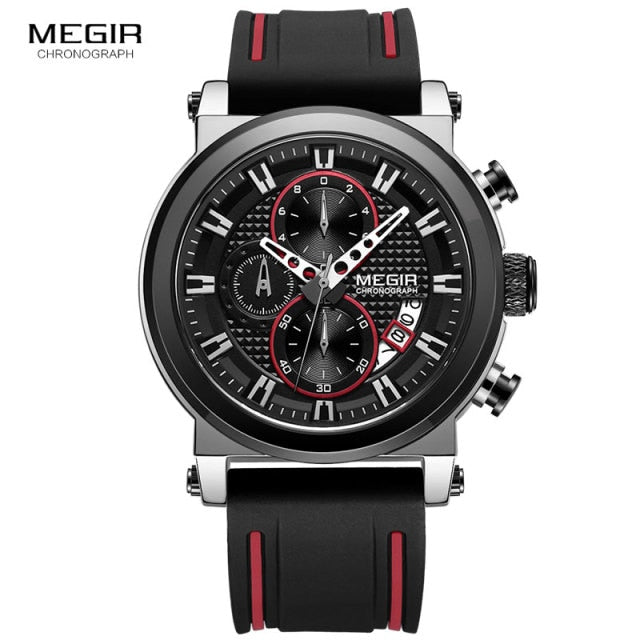 Megir Men's Military Sports Quartz Watches Silicone Strap Chronograph Army Wrist Watch Man Relogios Masculino 2100 Rose Black