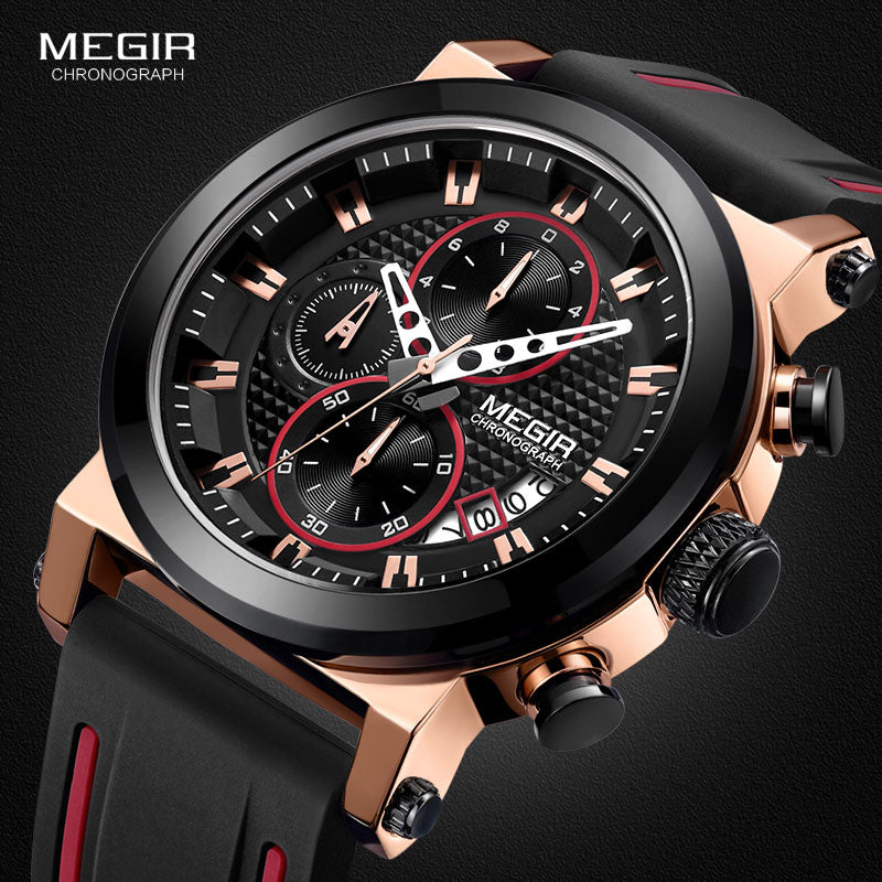 Megir Men's Military Sports Quartz Watches Silicone Strap Chronograph Army Wrist Watch Man Relogios Masculino 2100 Rose Black