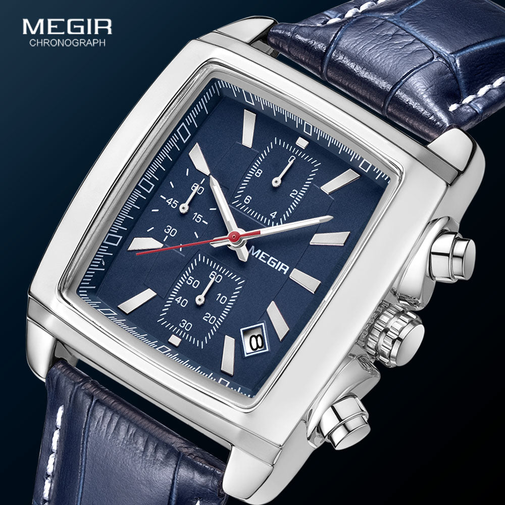 Megir Rectangle Dial Leather Strap Watch for Men Casual Blue chronograph quartz watches Man Wristwatch montre reloj часы мужские