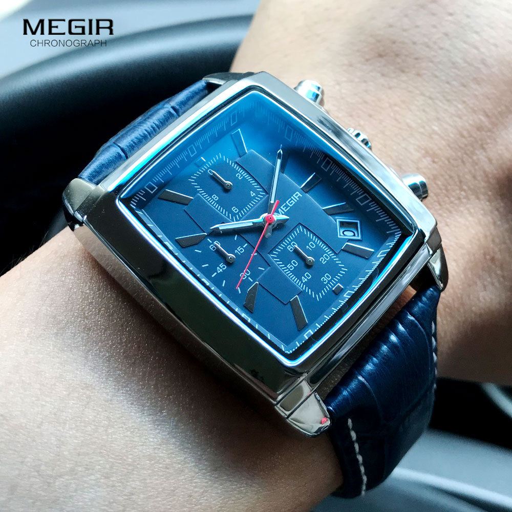 Megir Rectangle Dial Leather Strap Watch for Men Casual Blue chronograph quartz watches Man Wristwatch montre reloj часы мужские