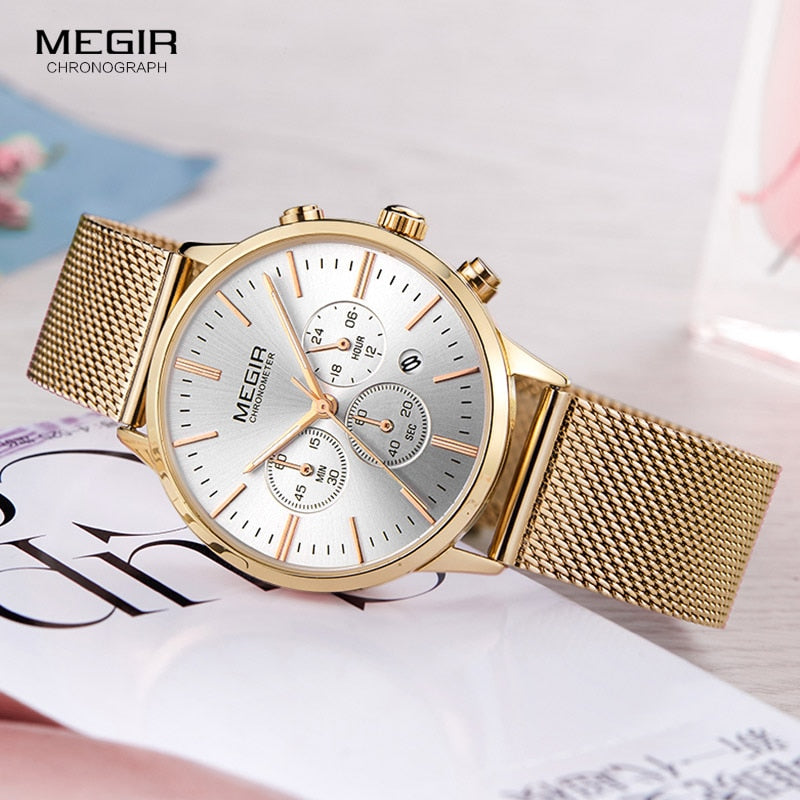 Megir Women's Chronograph Luminous Hands Date Indicator Stainless Steel Mesh Strap Quartz Wrist Watches Lady Rose Gold M2011L-1
