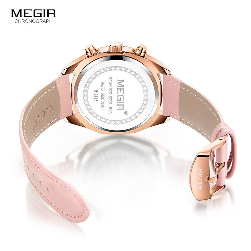 Megir Women's Luxury Dress Watches Leather Chronograph Quartz Wrist Watch Woman Lady Relogios Clock Top Brand 3Bar 2115 Pink