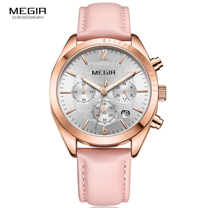 Megir Women's Luxury Dress Watches Leather Chronograph Quartz Wrist Watch Woman Lady Relogios Clock Top Brand 3Bar 2115 Pink