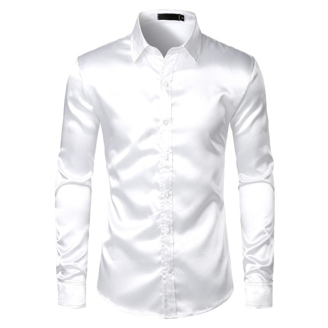 Men's Black Satin Luxury Dress Shirts 2019 Silk Smooth Men Tuxedo Shirt Slim Fit Wedding Party Prom Casual Shirt Chemise Homme