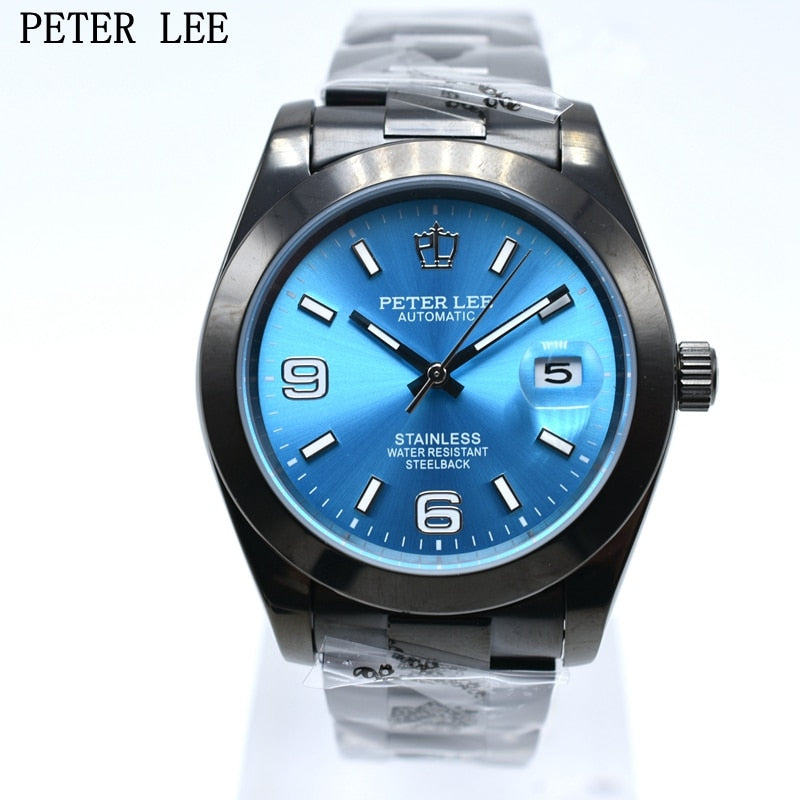 Mens Top Brand PETER LEE 40mm Automatic Mechanical Watches Fashion Casual Watch Auto Date Stainless Steel Wristwatch