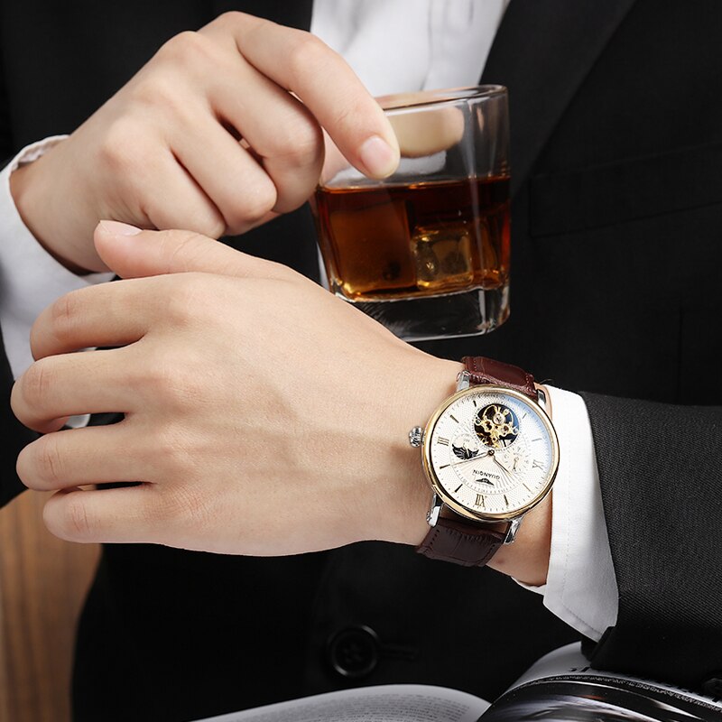Mens Watches Top Brand Luxury Tourbillon Automatic Mechanical Watch Men Casual Fashion Leather Strap Skeleton Wristwatch