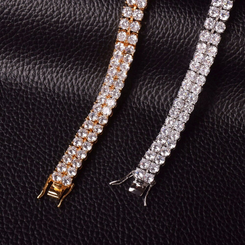 Mens Zircon Tennis Bracelet Chain Charm Hip Hop Style Fashion Jewelry Iced Finish 2 Row Gold Color Tone AAA CZ Bracelet Link 8"