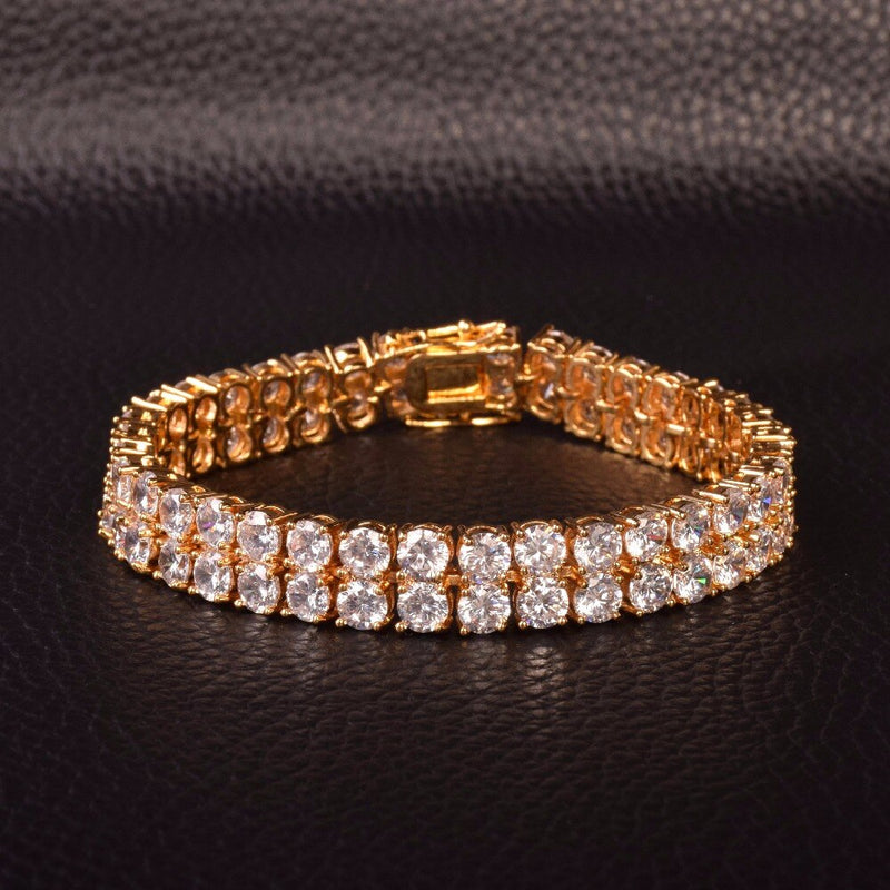 Mens Zircon Tennis Bracelet Chain Charm Hip Hop Style Fashion Jewelry Iced Finish 2 Row Gold Color Tone AAA CZ Bracelet Link 8"