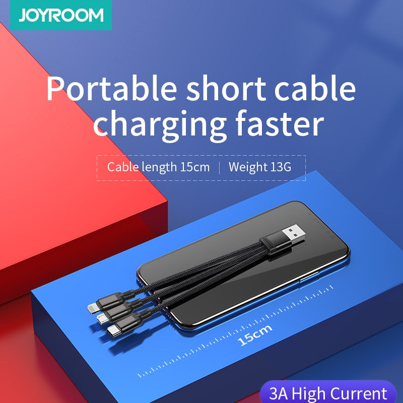 Micro USB Type C 3 in 1 USB Cable For Phone Mini Charger Cable For Xiaomi Huawei iPhone 3A USB Fast Charging Short Multi 0.15M