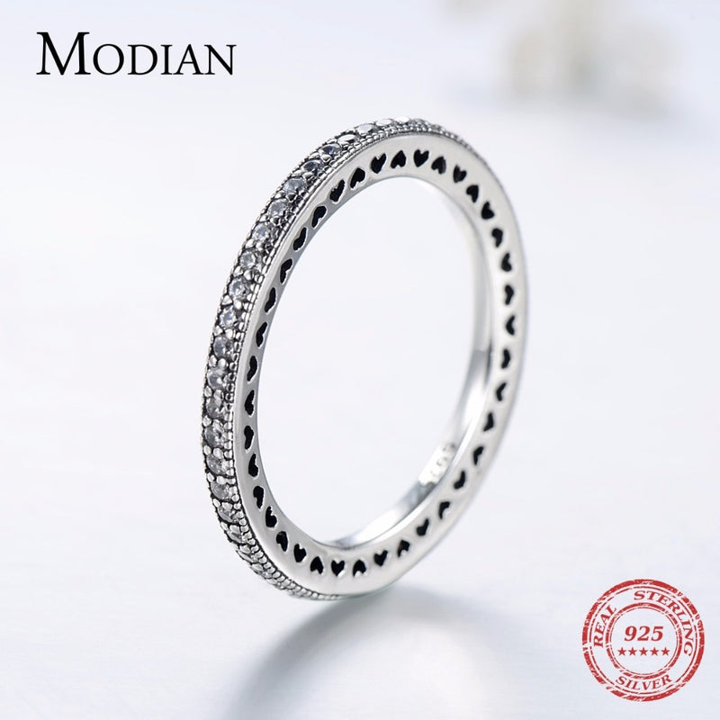 Modian Authentic 925 Sterling Silver Hearts Ring Clear CZ Fashion Stackable Vintage Classic Luxury For Women Engagement Gift