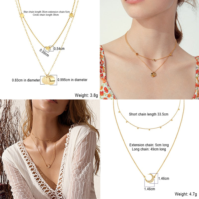 Multilayer Necklace Long Pendant Necklace Women Stainless Steel Necklace Moon Circle map Pendant Chain Necklace Gift Jewelry