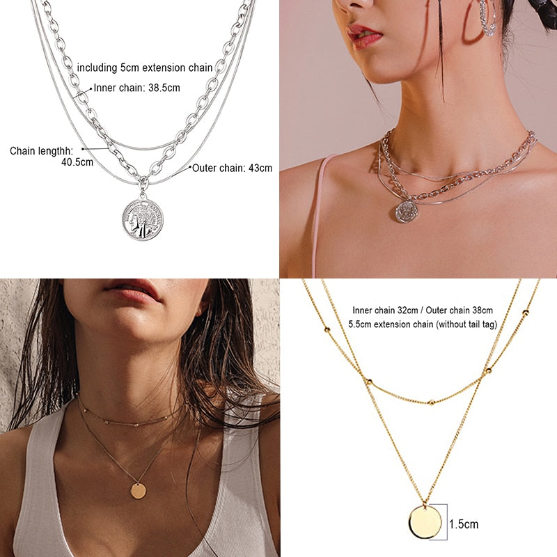 Multilayer Necklace Long Pendant Necklace Women Stainless Steel Necklace Moon Circle map Pendant Chain Necklace Gift Jewelry
