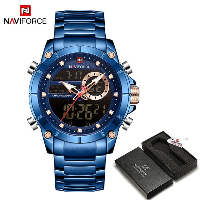 NAVIFORCE Men Military Sport Wrist Watch Gold Quartz Steel Waterproof Dual Display Male Clock Watches Relogio Masculino 9163