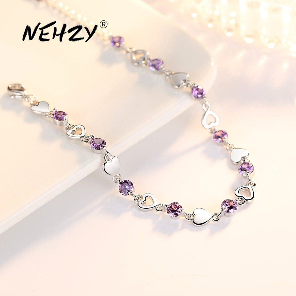 NEHZY 925 Sterling Silver Jewelry Bracelet High Quality Retro Fashion Woman Purple Crystal Heart Bracelet Length 20.5CM