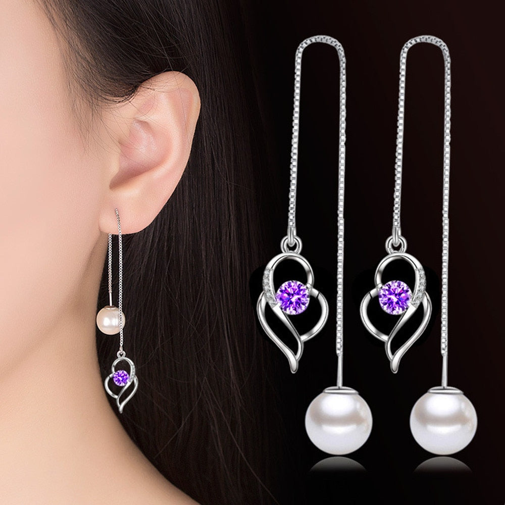 NEHZY 925 Sterling Silver New Women's Fashion Jewelry Earline High Quality Crystal Zircon Pearl Long Tassel Heart Earrings