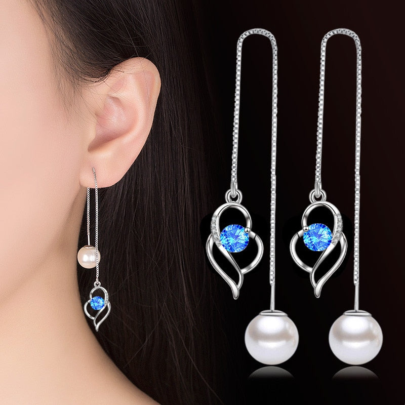 NEHZY 925 Sterling Silver New Women's Fashion Jewelry Earline High Quality Crystal Zircon Pearl Long Tassel Heart Earrings