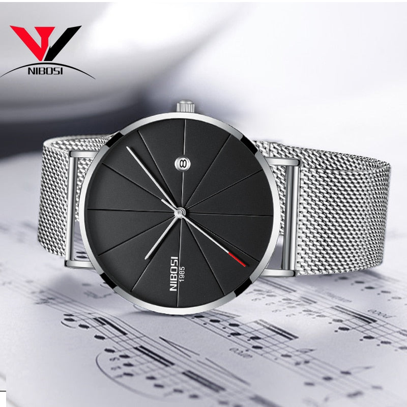 NIBOSI New Men's Watch Ultra-thin Fashion Watches Simple Business Men Quartz Watches Relogio Masculine Male Clock Mesh Band