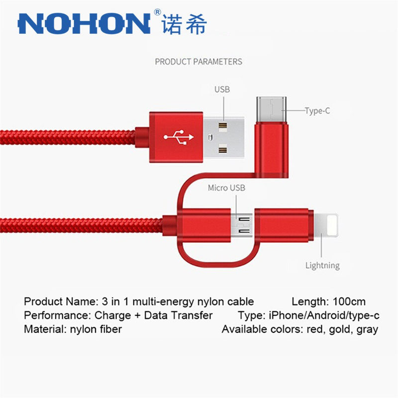 NOHON 3 in 1 Lighting Micro USB Type C Charge Cable For iPhone X 8 7 Cables Fast Charging USB  For Oneplus 5 Samsung Galaxy S8