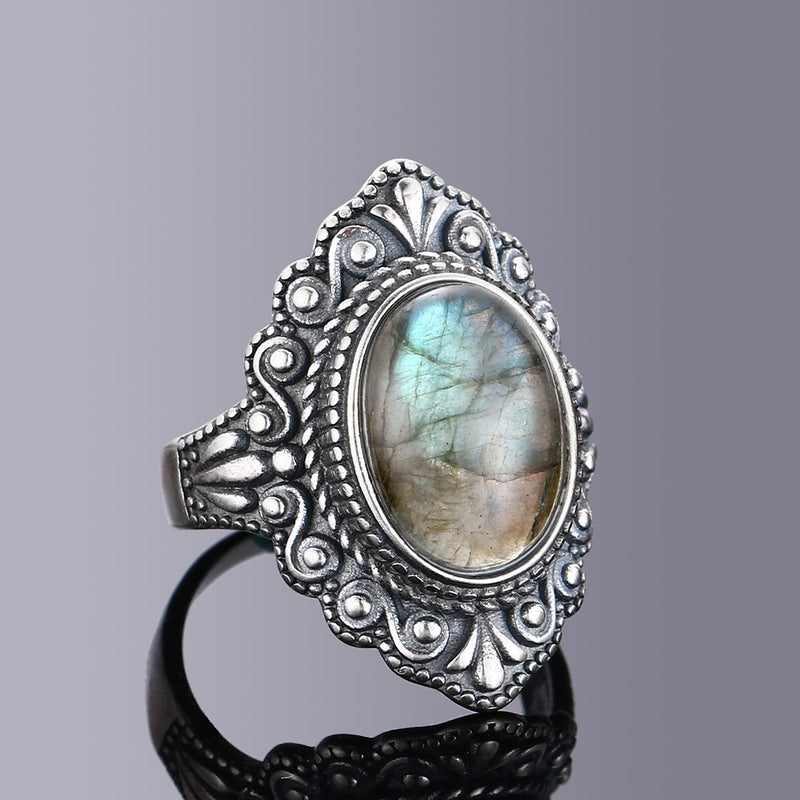Nasiya Vintage Oval Natural Labradorite Rings For Women 925 Sterling Silver Ring Jewelry Finger Ring Gemstone Rings Party Gift