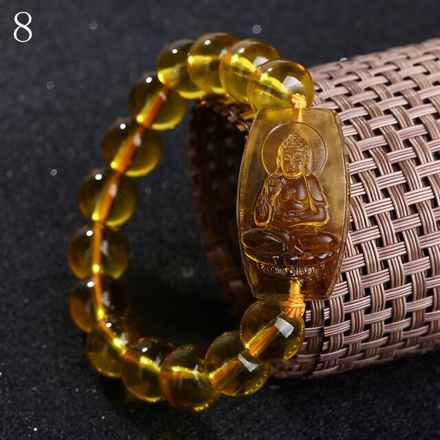 Natural Crystal Stone Bracelets Buddha Pattern Beaded Yellow Stone Bracelet Women Carved Bangle Men Jewelry