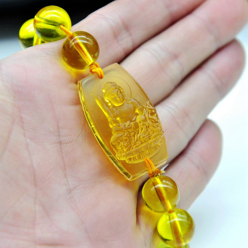 Natural Crystal Stone Bracelets Buddha Pattern Beaded Yellow Stone Bracelet Women Carved Bangle Men Jewelry