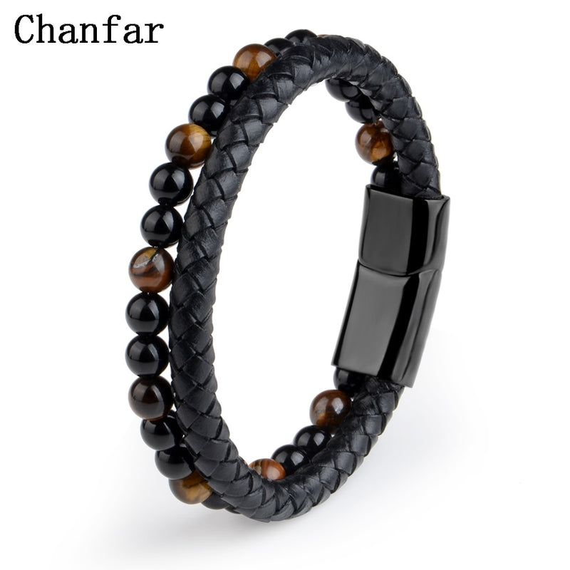 Natural Stone Bracelets Genuine Leather Braided Bracelet Black Stainless Steel Magnetic Clasp Tiger eye Bead Bangles Men Jewelry