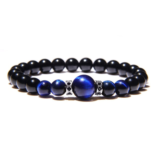 Natural Stone Bracelets Men Royal Blue Tiger Eye Bracelets Healthy Energy Bangle Fashion CZ Charm Black Onyx Beads Pulsera