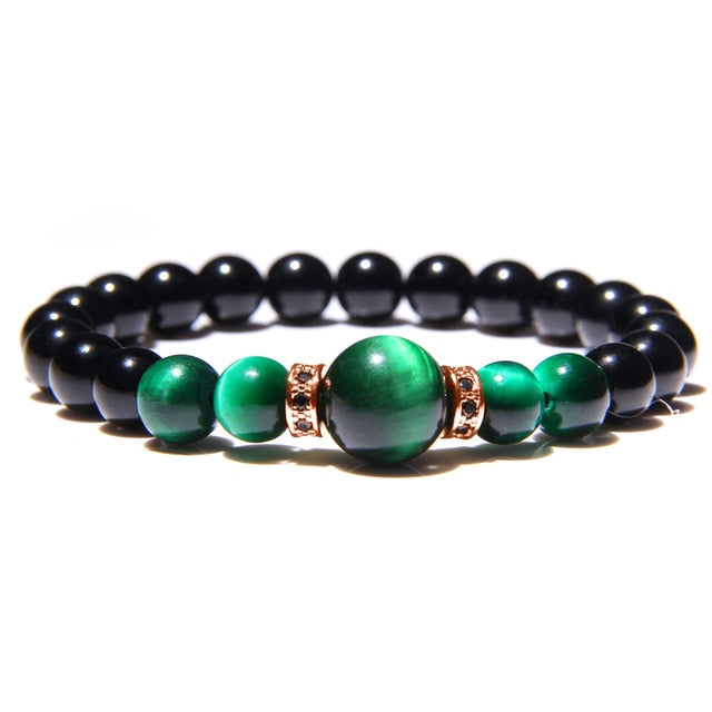 Natural Stone Bracelets Men Royal Blue Tiger Eye Bracelets Healthy Energy Bangle Fashion CZ Charm Black Onyx Beads Pulsera