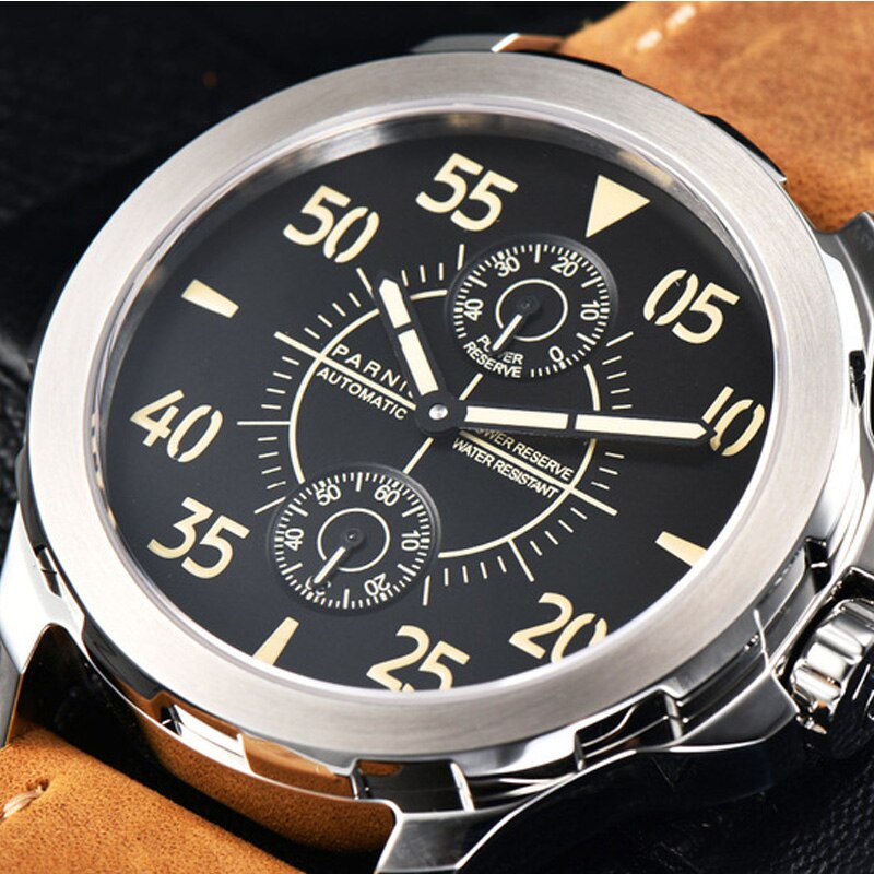 New 2019 Parnis 43mm Automatic Men Watch Silver Case Mechanical Wrist Watches Power Reserve Auto Date Top Luxury Brand Man Clock