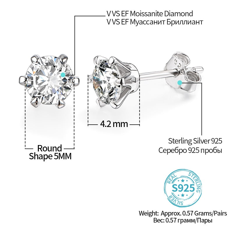 New Arrival 0.5 Carat Moissanite Gemstone Stud Earrings for Women Solid 925 Sterling Silver D color Solitaire Fine Jewelry