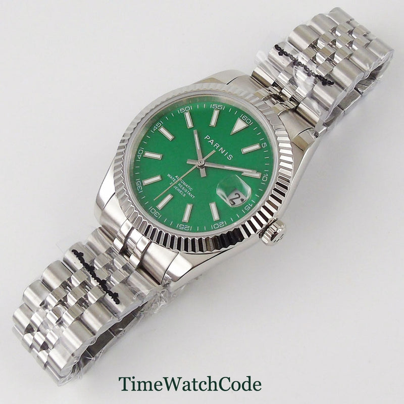 New Arrival luxury Parnis 39.5mm Automatic Men's Watch MIYOTA 8215 Date Green Dial Sapphire Glass Jubilee Bracelet Coin Bezel