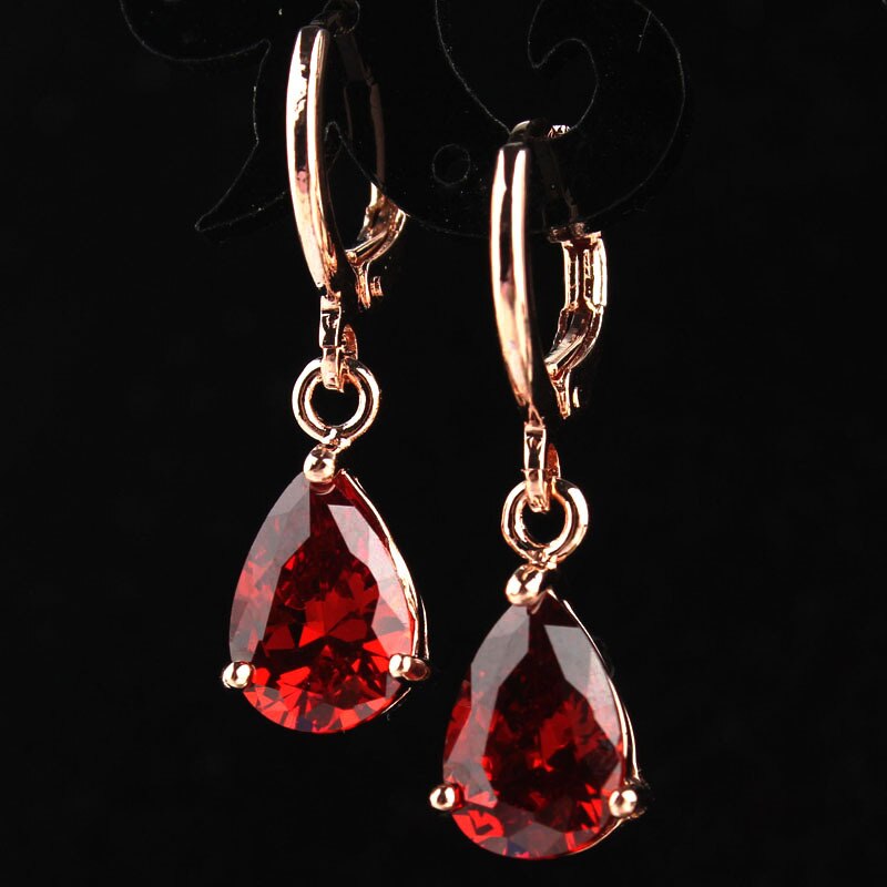 New Fashion Women/Girl's  Rose Gold-color Red Garnet CZ Stone Pierced Dangle Drop Earrings Wedding Jewelry Gift Free shipping