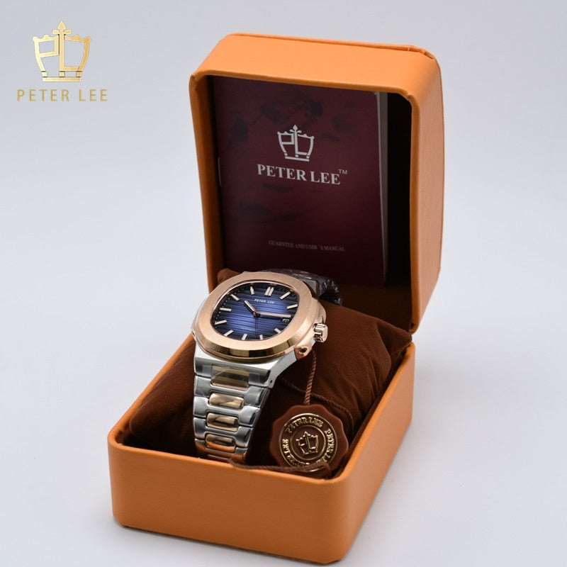 New Hot Sale PETER LEE Luxury Mechanical Watch For Men Brand Auto Date Stainless Steel Automatic Watches Male gifts gold watch