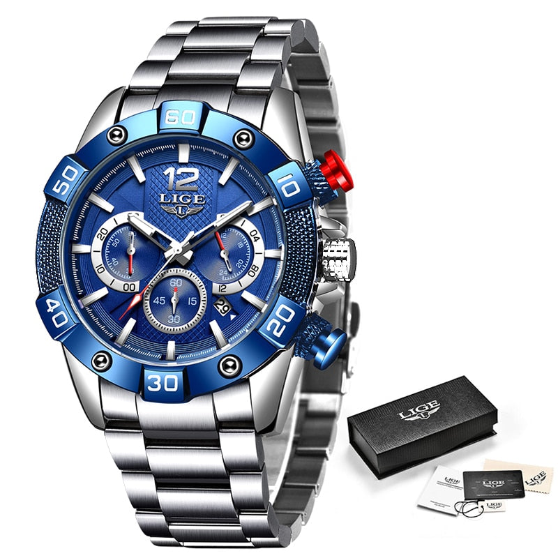 New LIGE Stainless Steel Watches Mens Sports Waterproof Luminous Chronograph Top Brand Luxury Quartz Men Watch Relogio Masculino