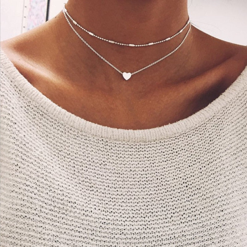 New Multi Layer Tiny Small Heart Moon Choker Necklace for Women Gold Color Short  Chain Pendant Collar Necklace Jewelry Gift