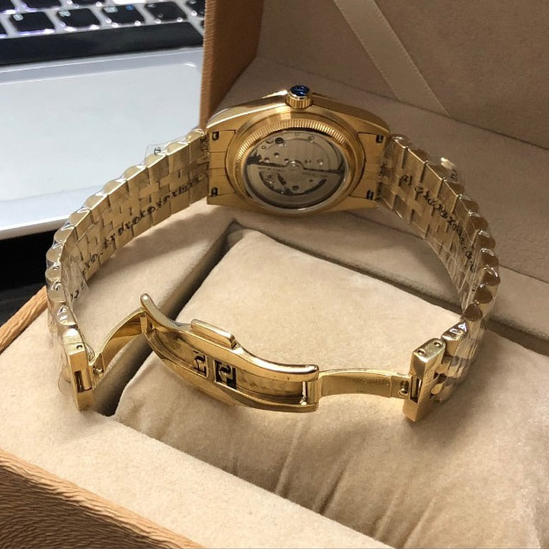 New Parnis Automatic Mechanical Men's Watch Gold Men Women Elegant Calendar Stainless Bracelet Watches Man Clock box gift PA2112