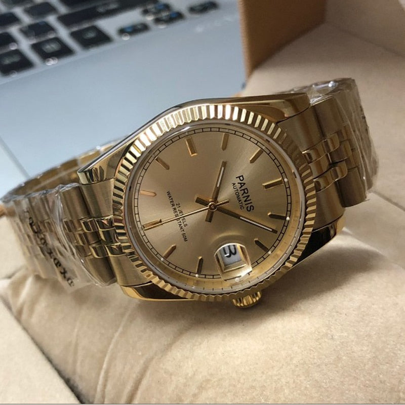 New Parnis Automatic Mechanical Men's Watch Gold Men Women Elegant Calendar Stainless Bracelet Watches Man Clock box gift PA2112