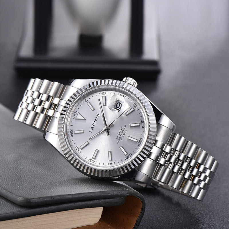 New Parnis Automatic Mechanical Mens Watches  Silver Stainless Steel Bracelet Calendar White Dial 2813 Movement Men's Watch 2020